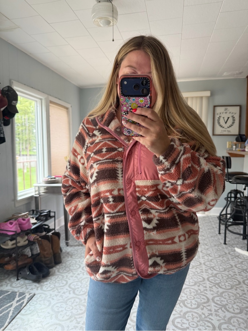 Woven Aztec Print Fleece Jacket - Pink/Brown Size Large